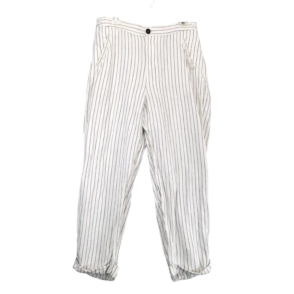 Rachel Zoe White Black Striped‎ Linen Cotton Cuffed Pants Women's L 32x26" Crop